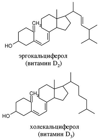 Витамины Д2 (эргокальциферол) и Д3 (холекальциферол) - химические формулы